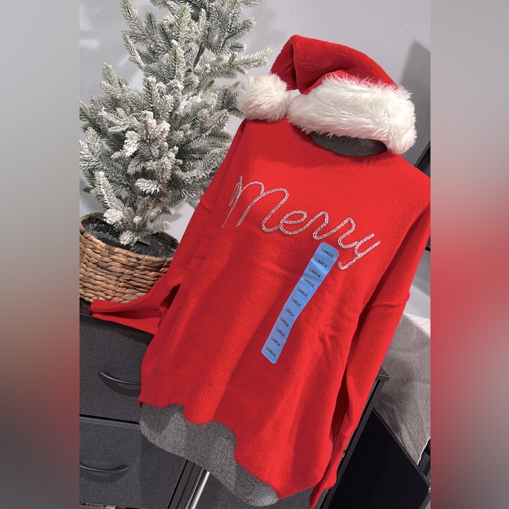 Red 'Merry' Sweater with Bead Lettering - NWT!!